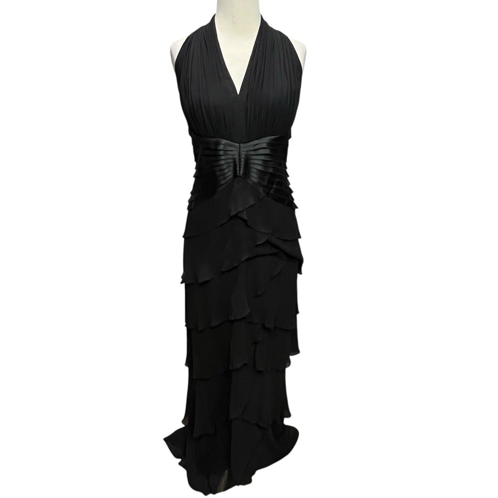 Tadashi Shoji Y2K Halter Dress 12 Black Silk Tiered Layer Cocktail Gown Romantic